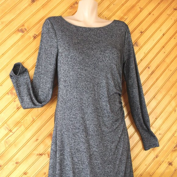 Loft Knit Asymmetrical Cinch Dress Dark Grey Gray Small Long Sleeve Midi D73 - Picture 3 of 10